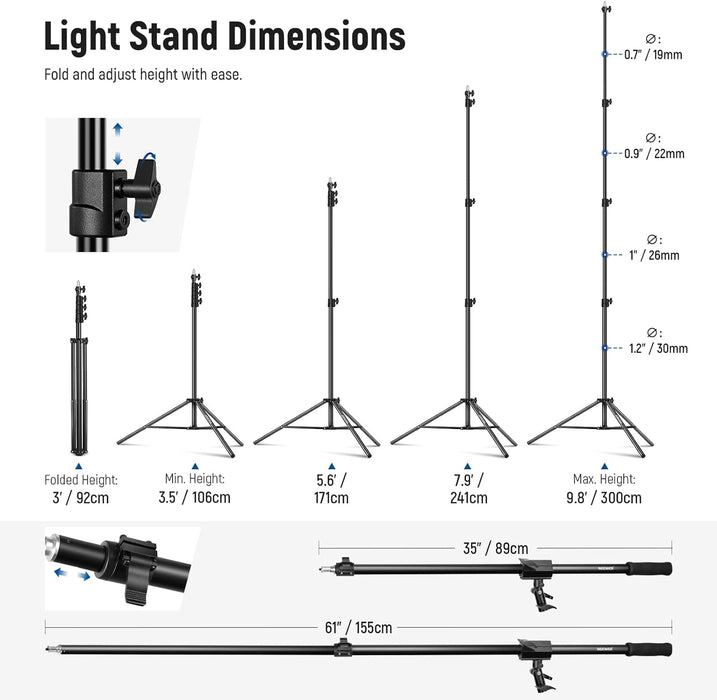 NEEWER Soporte de luz de aluminio con amortiguación de aire de 300 cm y kit de brazo