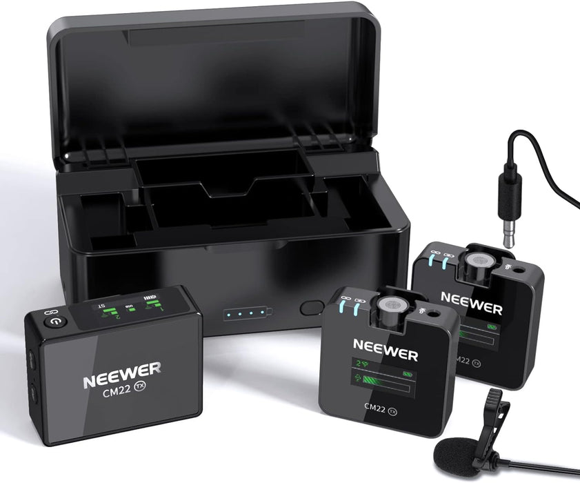 NEEWER CM22 wireless lavalier microphone in a pack of 2 with charging case